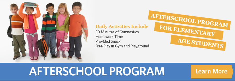 Afterschool Program for Elementary Age Students. Daily activities include 30 minutes of gymnastics, homeowrk time, provided snack, free play in the gym and playground. Our After school program is located in Concord, NC near Harrisburg, NC. Learn More.